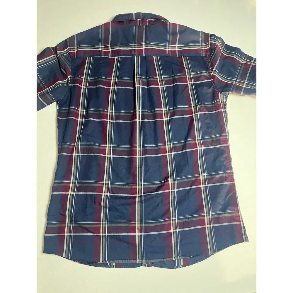 Brixton Mens M Plaid Short Sleeve Button Down Shirt Blue Burgundy Cotton Blend